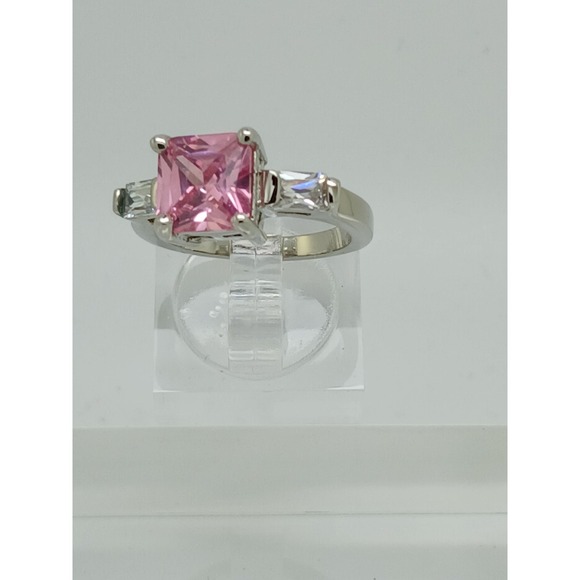 Pink Princess Cut Three Stone Ring Silver Tone Baguette Side Stones Size 9 - Picture 4 of 10